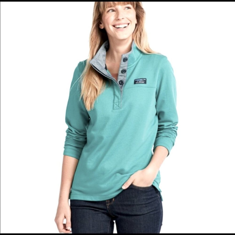 L. L. Bean Pullover Duck Egg Blue Green Collared Cotton Rugby Sweater Sweatshirt